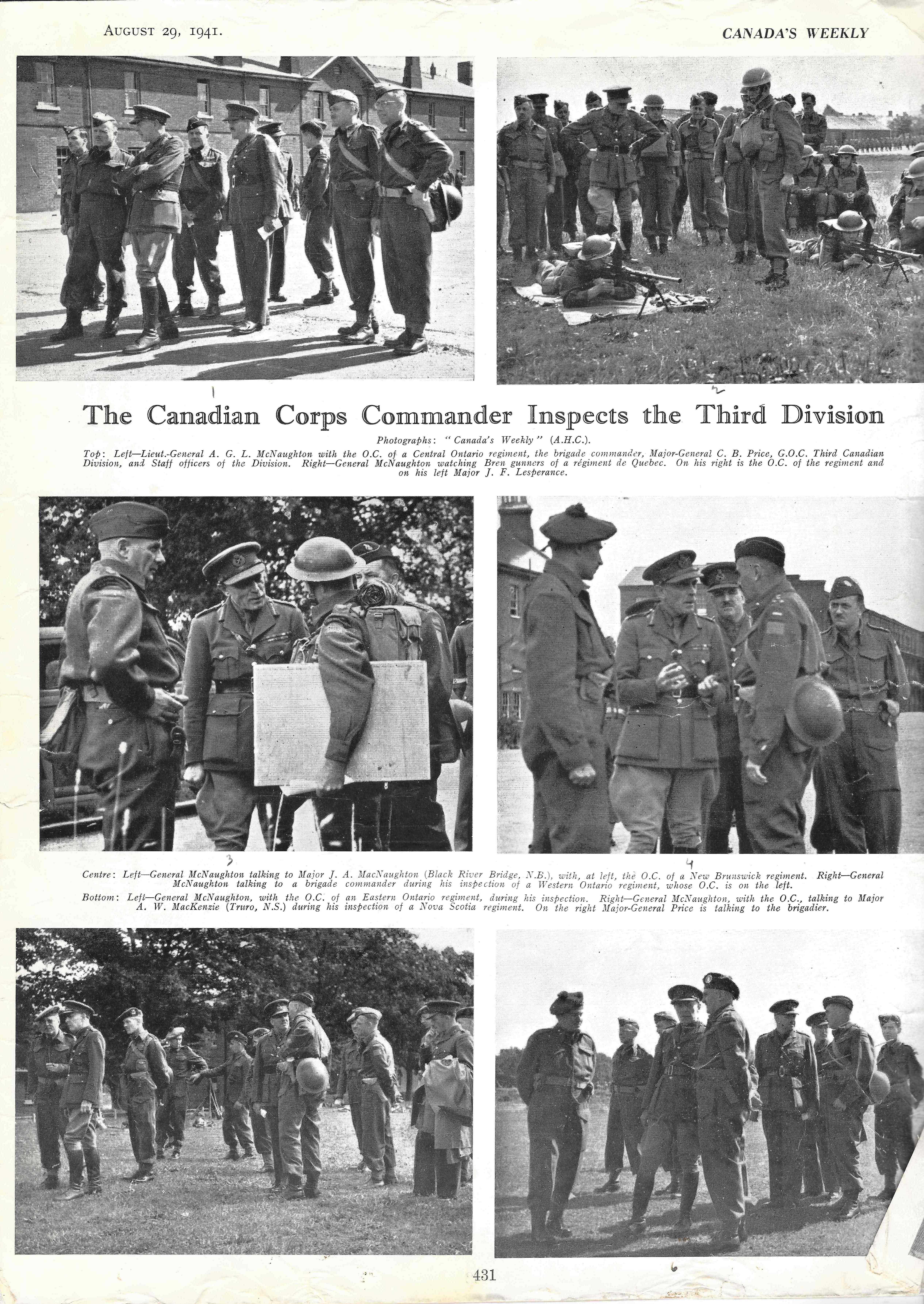 A series of 6 black and white photos show Andrew McNaughton inspecting various Canadian troops. Archie is in the left centre photo. The two men appear to converse casually.